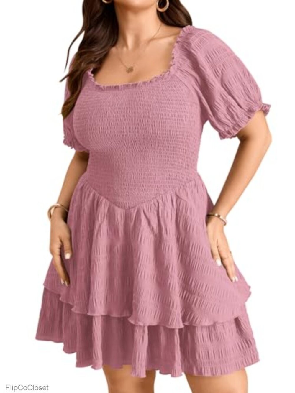 Plus Size Summer Dresses - Short Sleeve Square Neck Smocked Ruffle Tiered Swing